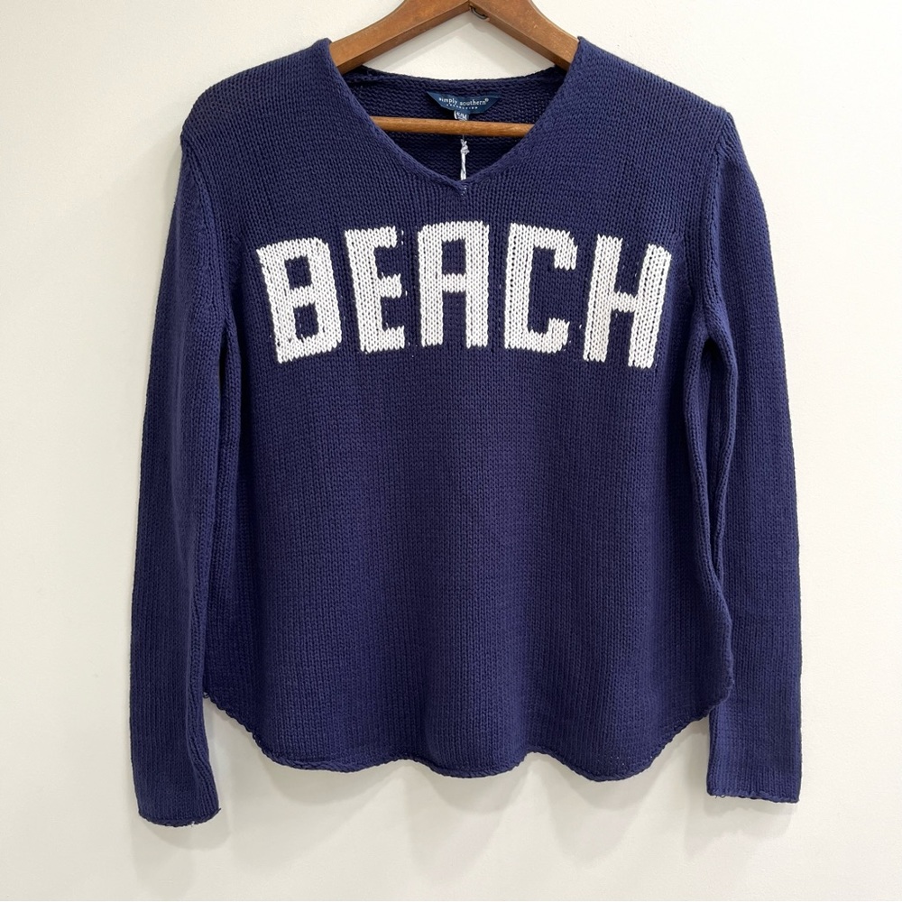 Simply Southern Blue V-Neck Sweater with White Accents